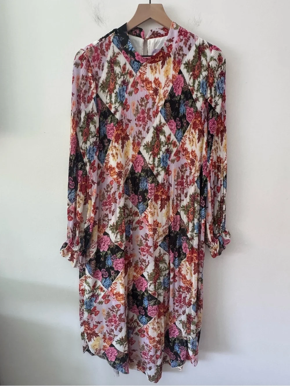 Anthropologie Patchwork Floral Pleated Long-Sleeve Midi Dress Small